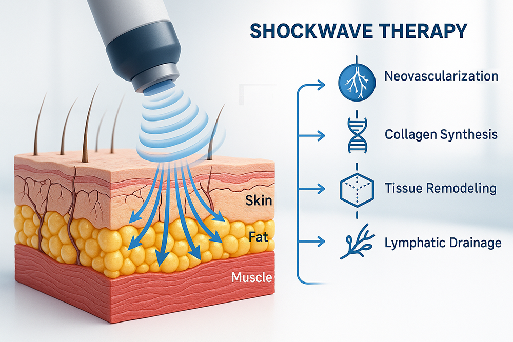 Image of Shockwave Therapy Process. Neovascularisation, Collagen Synthesis, Tissue Remodeling, Lymphatic Drainage https://regenomedix.com/what-are-the-aesthetic-uses-of-shockwave-therapy/